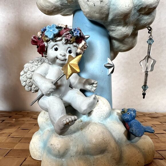 DREAMSICLES 7”Cherubs Candlesticks X2 BY DANBURY MINT Baby Blue w/ Stars Clouds - Picture 7 of 16